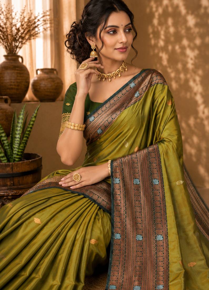 Sangam prints olive green soft silk blend woven work traditional saree