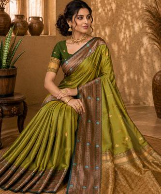Sangam prints olive green soft silk blend woven work traditional saree 3