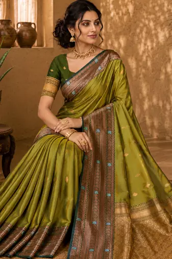 Sangam prints olive green soft silk blend woven work traditional saree