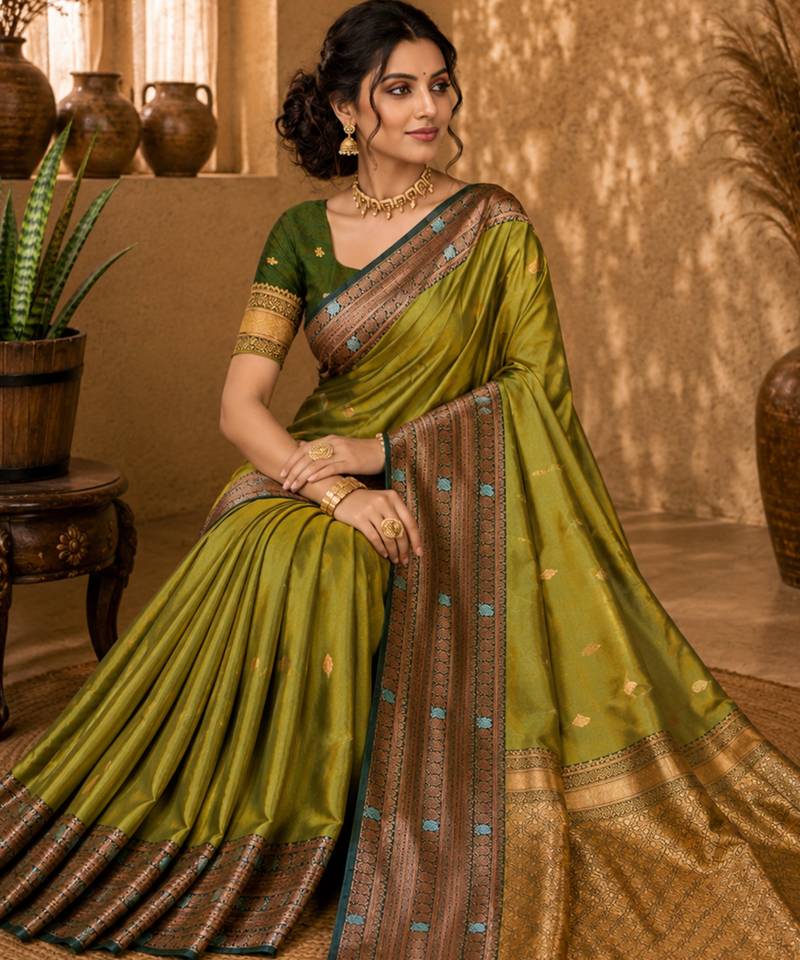 Sangam prints olive green soft silk blend woven work traditional saree