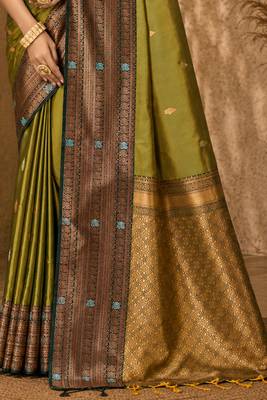 Sangam prints olive green soft silk blend woven work traditional saree 4