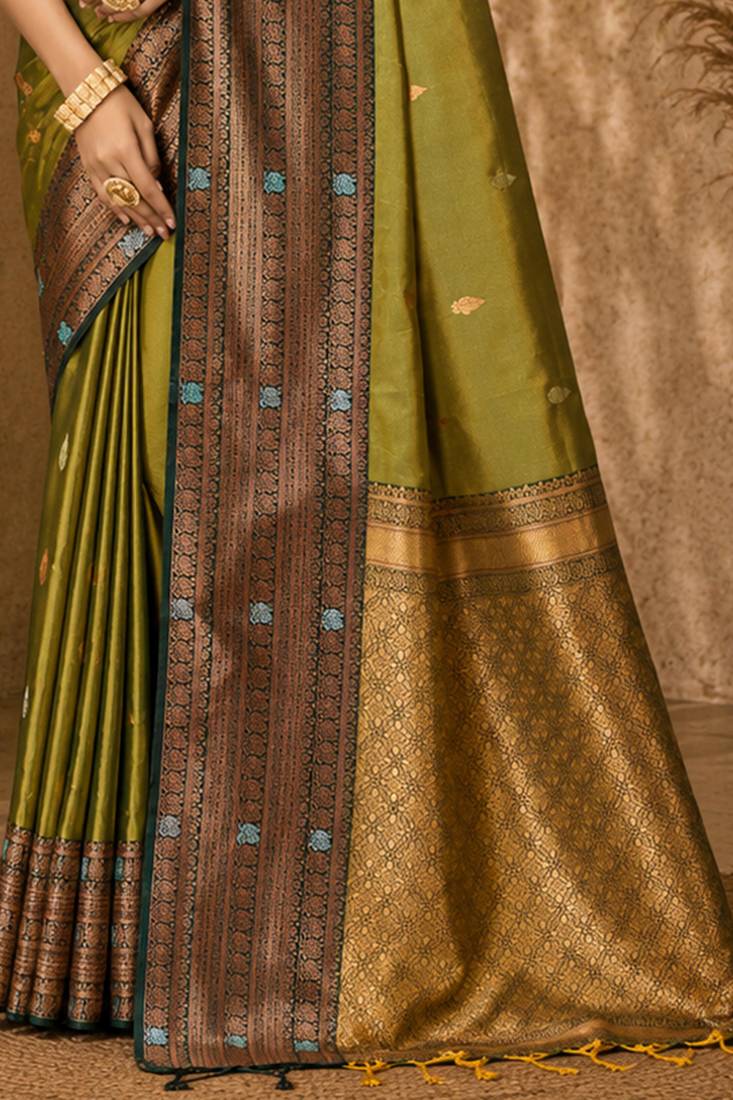 Sangam prints olive green soft silk blend woven work traditional saree