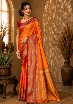 Sangam prints bright orange soft silk blend woven work traditional saree 1