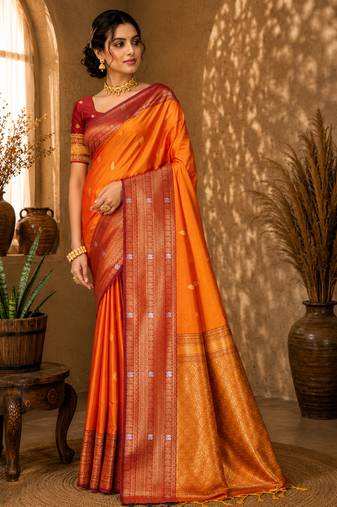 Sangam prints bright orange soft silk blend woven work traditional saree