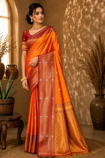 Sangam prints bright orange soft silk blend woven work traditional saree