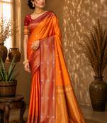 Sangam prints bright orange soft silk blend woven work traditional saree