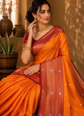 Sangam prints bright orange soft silk blend woven work traditional saree 2