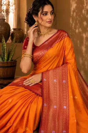Sangam prints bright orange soft silk blend woven work traditional saree