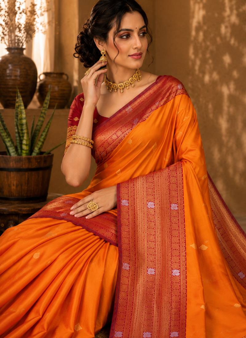 Sangam prints bright orange soft silk blend woven work traditional saree