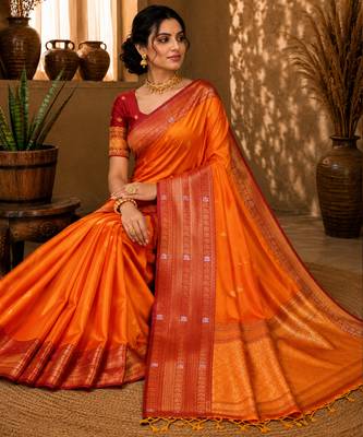 Sangam prints bright orange soft silk blend woven work traditional saree 3