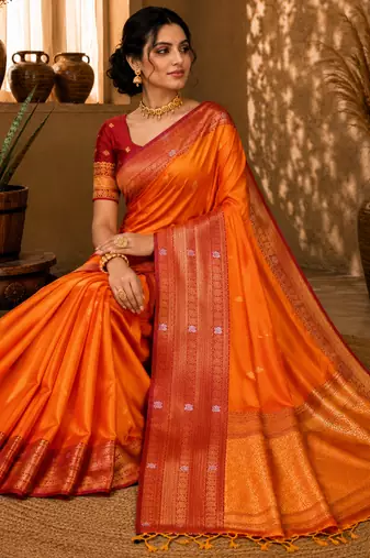 Sangam prints bright orange soft silk blend woven work traditional saree