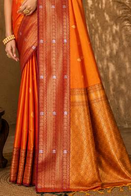 Sangam prints bright orange soft silk blend woven work traditional saree 4
