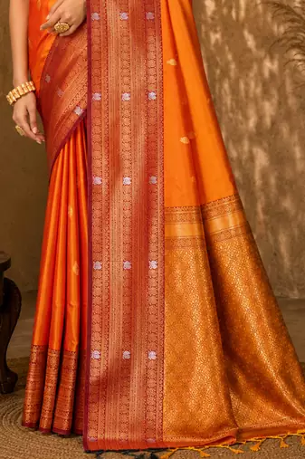 Sangam prints bright orange soft silk blend woven work traditional saree