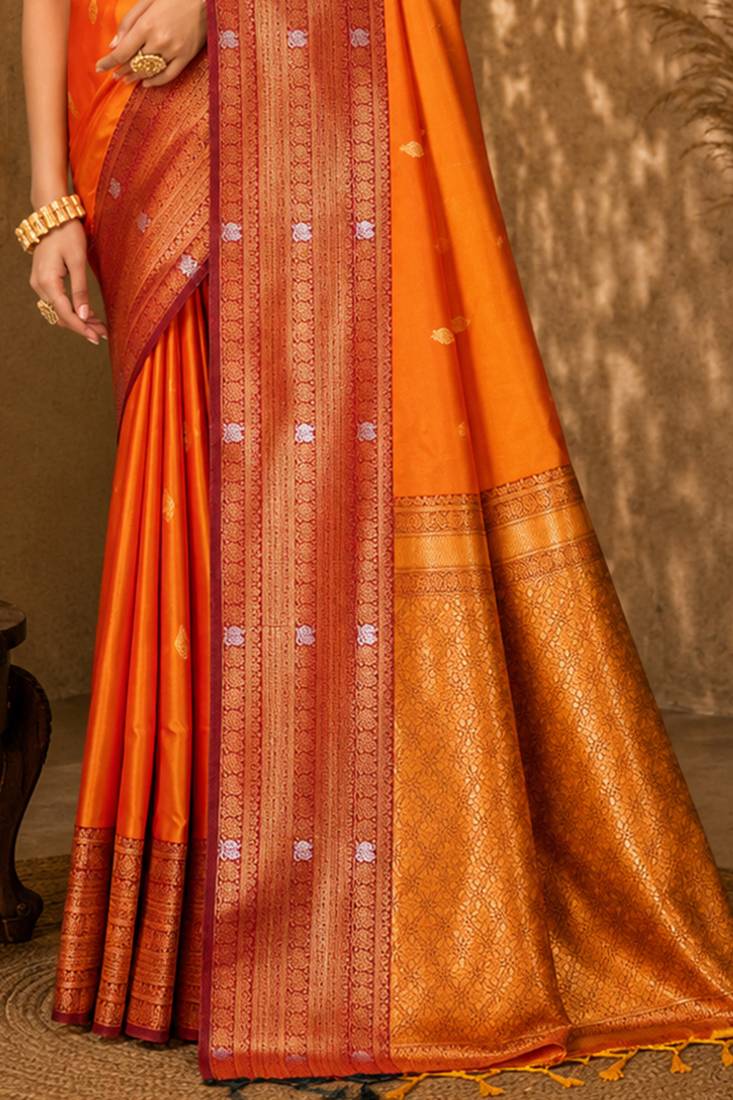 Sangam prints bright orange soft silk blend woven work traditional saree