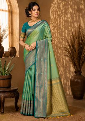 Sangam prints mint green soft silk blend woven work traditional saree 1
