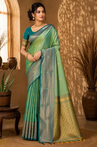 Sangam prints mint green soft silk blend woven work traditional saree
