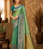 Sangam prints mint green soft silk blend woven work traditional saree