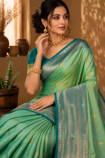 Sangam prints mint green soft silk blend woven work traditional saree