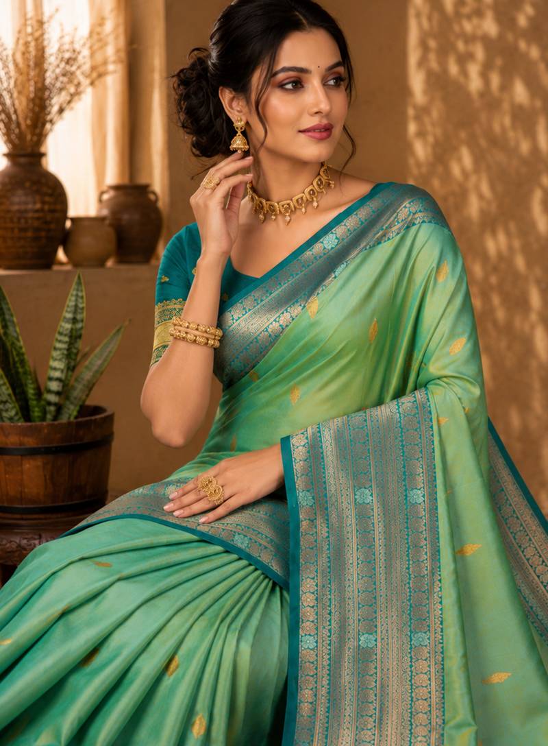 Sangam prints mint green soft silk blend woven work traditional saree