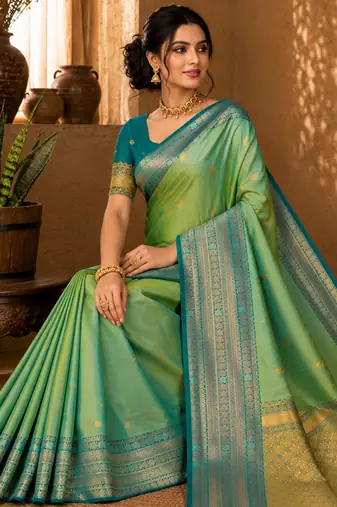 Sangam prints mint green soft silk blend woven work traditional saree