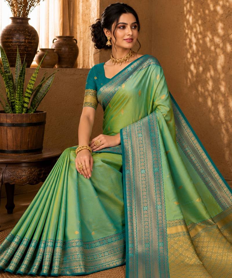 Sangam prints mint green soft silk blend woven work traditional saree