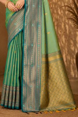 Sangam prints mint green soft silk blend woven work traditional saree 4