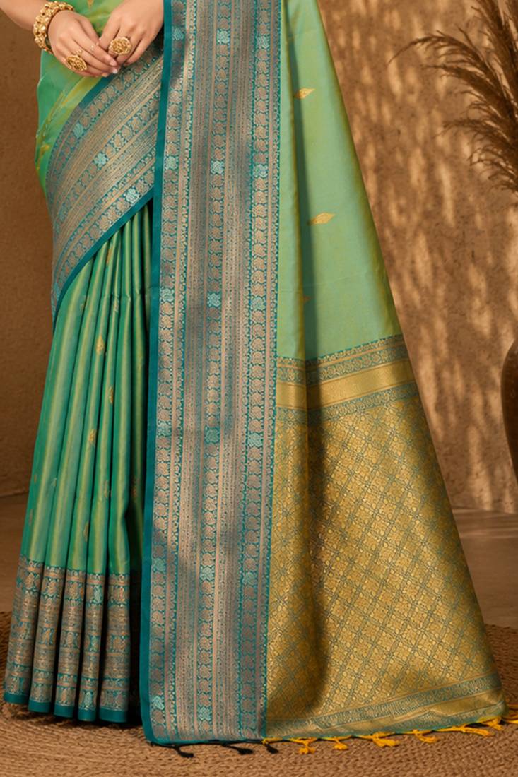 Sangam prints mint green soft silk blend woven work traditional saree