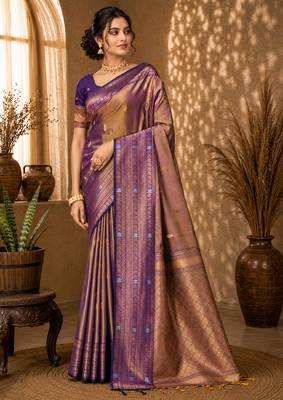 Sangam prints taupe gold soft silk blend woven work traditional saree 1