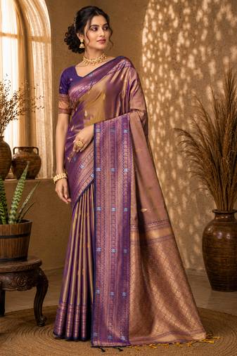 Sangam prints taupe gold soft silk blend woven work traditional saree