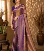 Sangam prints taupe gold soft silk blend woven work traditional saree