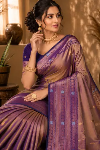Sangam prints taupe gold soft silk blend woven work traditional saree