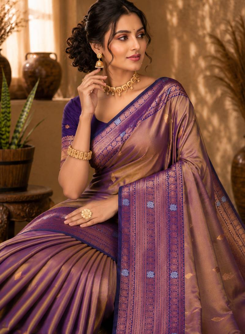 Sangam prints taupe gold soft silk blend woven work traditional saree