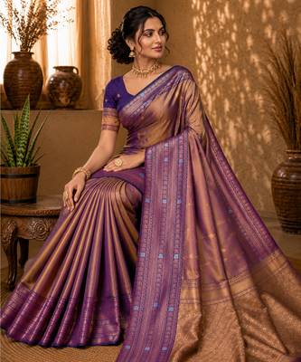 Sangam prints taupe gold soft silk blend woven work traditional saree 3
