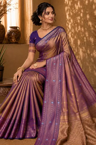 Sangam prints taupe gold soft silk blend woven work traditional saree