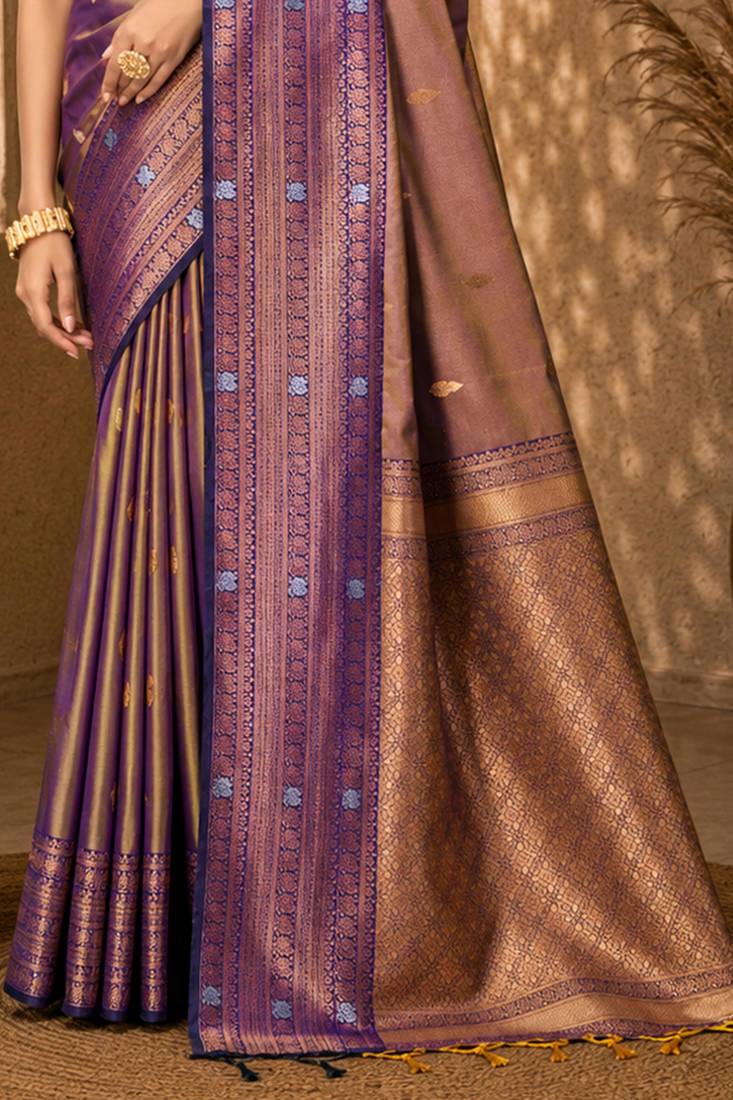 Sangam prints taupe gold soft silk blend woven work traditional saree