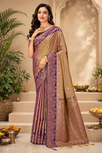 Sangam prints mauve gold soft silk blend woven work traditional saree