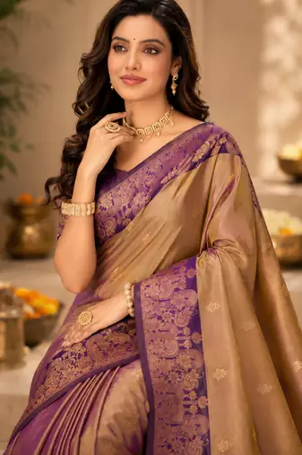 Sangam prints mauve gold soft silk blend woven work traditional saree