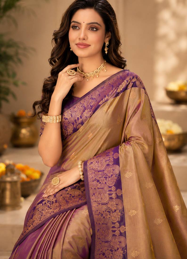 Sangam prints mauve gold soft silk blend woven work traditional saree
