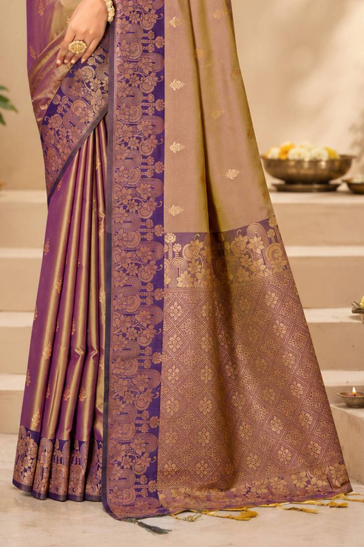 Sangam prints mauve gold soft silk blend woven work traditional saree