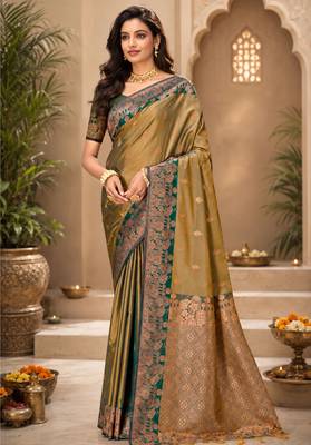 Sangam prints olive gold soft silk blend woven work traditional saree 1