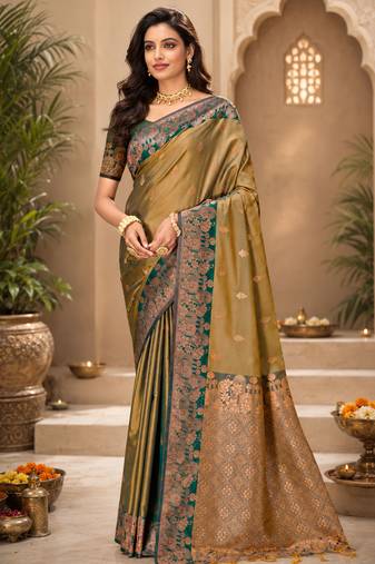 Sangam prints olive gold soft silk blend woven work traditional saree