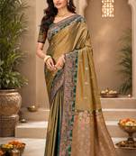 Sangam prints olive gold soft silk blend woven work traditional saree