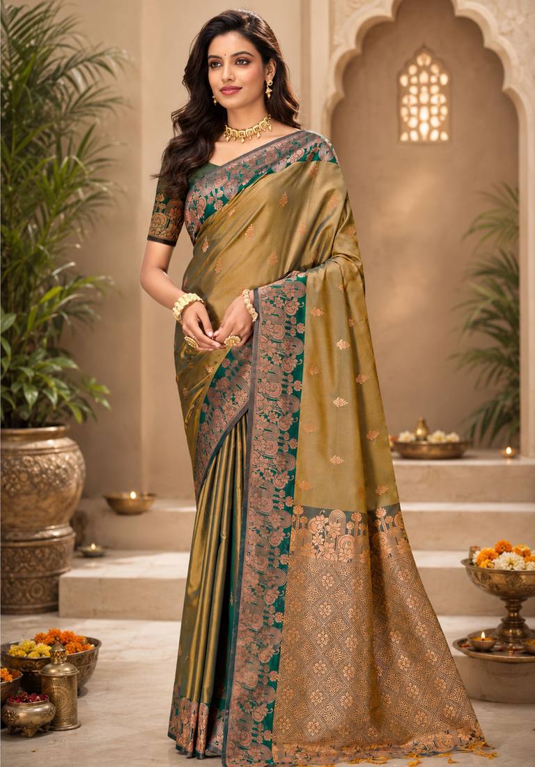 Sangam prints olive gold soft silk blend woven work traditional saree