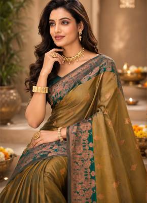 Sangam prints olive gold soft silk blend woven work traditional saree 2