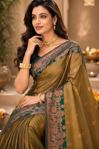 Sangam prints olive gold soft silk blend woven work traditional saree