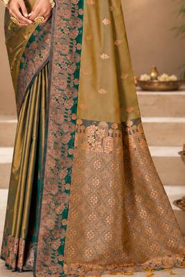 Sangam prints olive gold soft silk blend woven work traditional saree 3