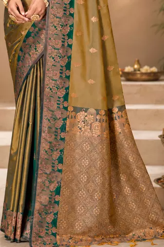 Sangam prints olive gold soft silk blend woven work traditional saree