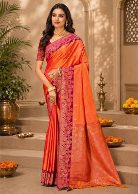 Sangam prints coral orange soft silk blend woven work traditional saree 1