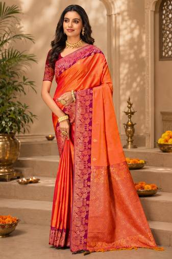 Sangam prints coral orange soft silk blend woven work traditional saree