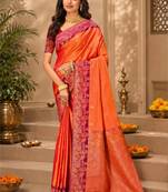 Sangam prints coral orange soft silk blend woven work traditional saree